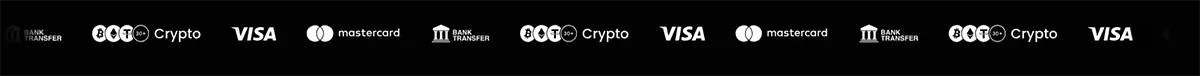 Repeating payment logo strip with bank transfer, Bitcoin/Crypto, Visa, and Mastercard icons on a dark background.