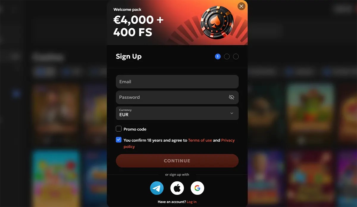 Casino sign-up modal showing “Welcome pack €4,000 + 400 FS,” with email and password fields, currency set to EUR, promo code option, an 18+ terms/privacy checkbox, a “Continue” button, and Telegram/Apple/Google sign-up icons over a blurred game lobby.