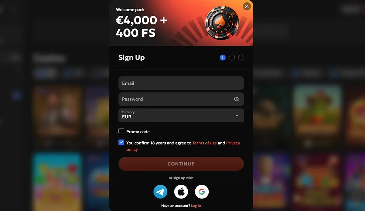 Casino sign-up modal showing “Welcome pack €4,000 + 400 FS,” with email and password fields, currency set to EUR, promo code option, an 18+ terms/privacy checkbox, a “Continue” button, and Telegram/Apple/Google sign-up icons over a blurred game lobby.